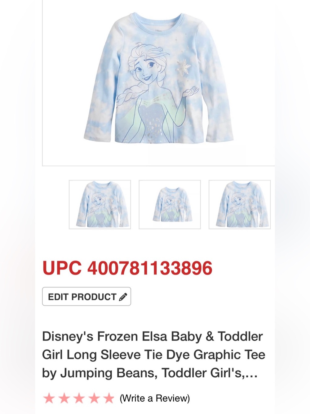 Disney Frozen Elsa Girls 18M Blue White Tie-Dye Glitter Graphic Tee Long Sleeve